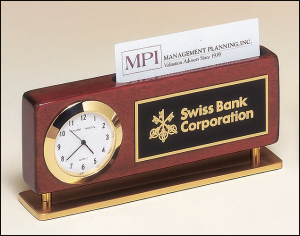 Rosewood Stained Piano Finish Combination Clock and Business Card Holder